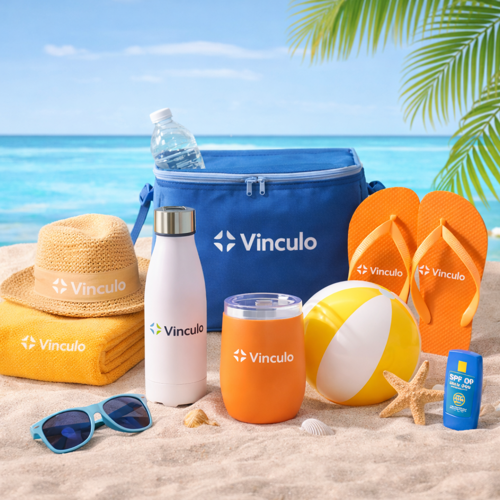 Artículos de playa con la marca Vinculo: nevera portátil, toalla, sombrero, botella de agua, vaso, chanclas, gafas de sol y pelota.
