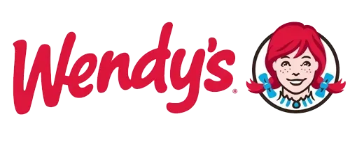 El logotipo de Wendy's muestra al personaje pelirrojo dentro de un círculo junto al nombre de la marca en letra cursiva roja.