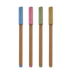 Cuatro bolígrafos de madera alineados verticalmente, con tapas texturizadas en azul, rosa, verde claro y dorado.