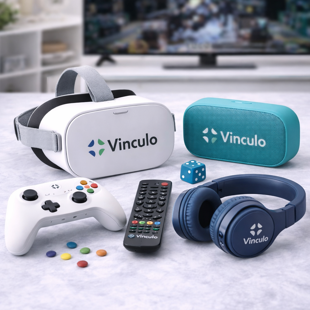 Sobre una mesa se disponen unos auriculares de realidad virtual, un altavoz Bluetooth, un mando de juegos, un control remoto y unos auriculares de la marca