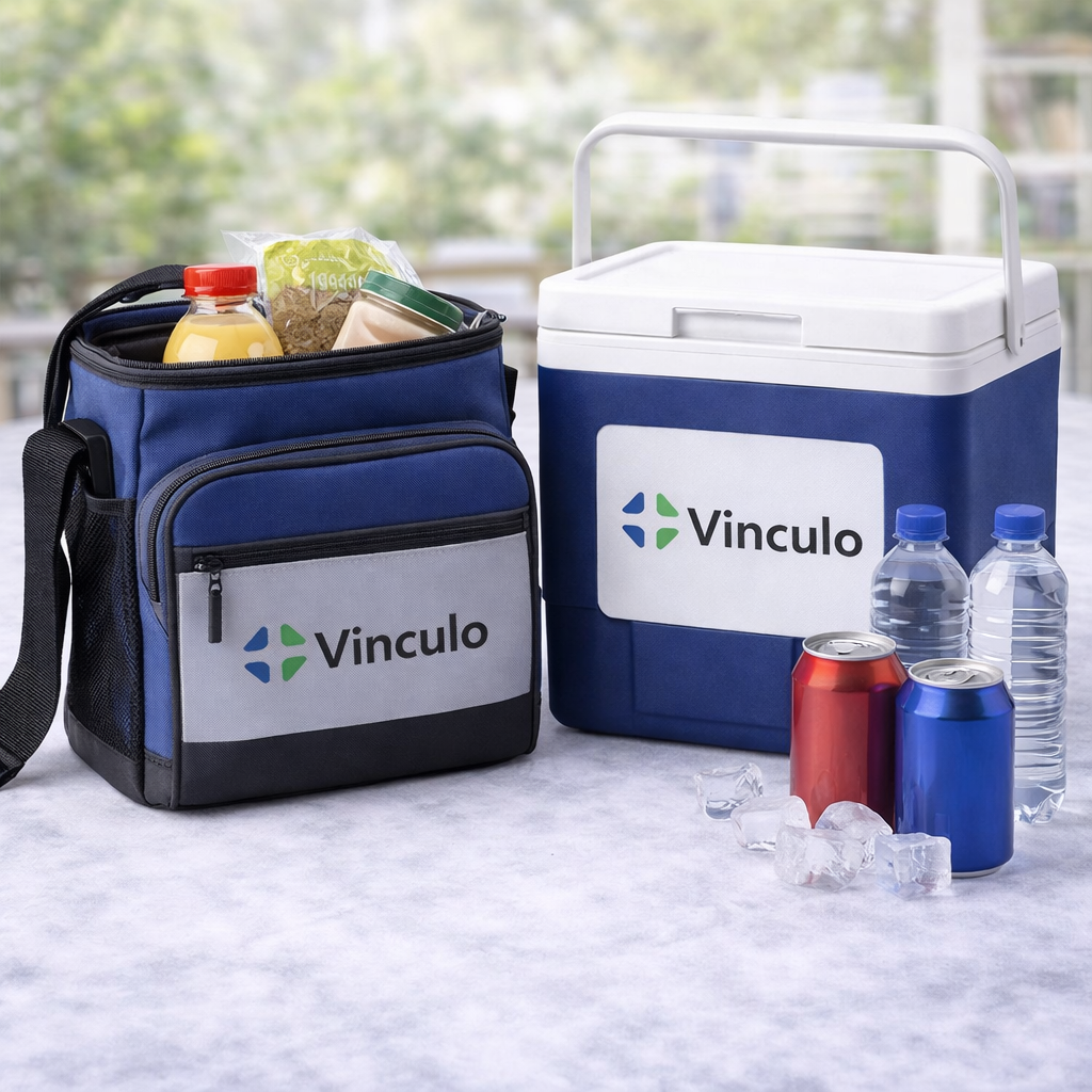 Una bolsa térmica blanda de color azul y gris y una nevera portátil rígida azul, ambas con la marca