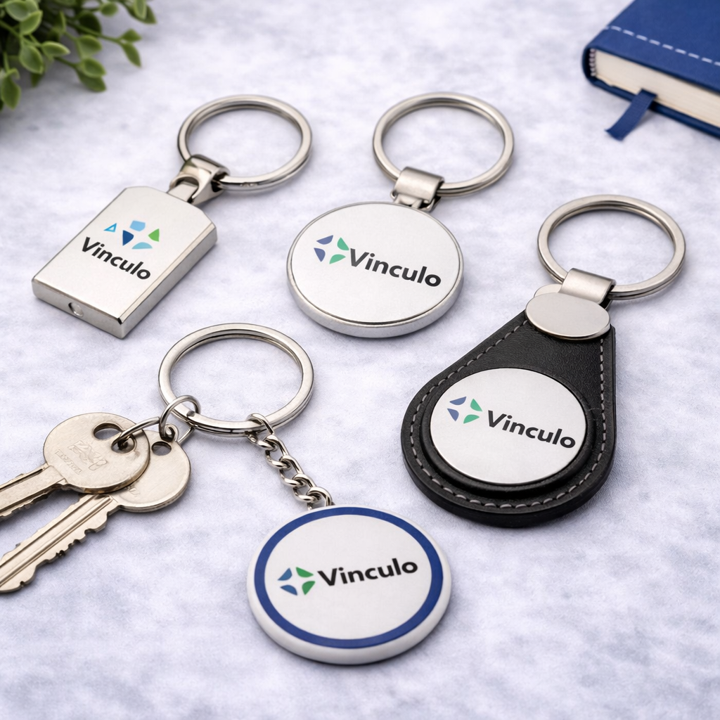 Cuatro llaveros promocionales con el logotipo de Vinculo, expuestos sobre un fondo gris texturizado junto a una pequeña libreta.