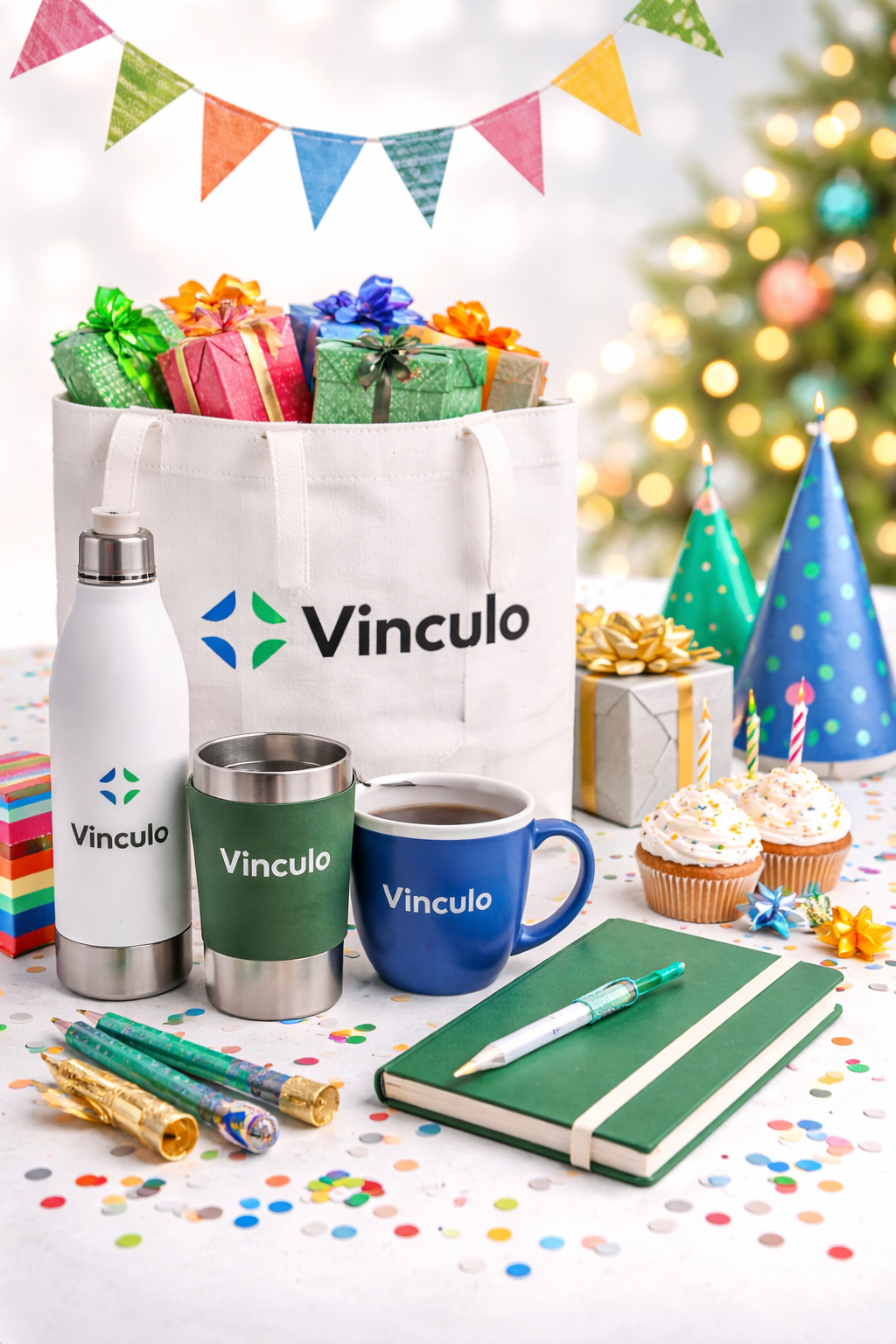 Una bolsa de regalo de la marca Vinculo, una botella de agua, un vaso, una taza y un cuaderno verde estaban dispuestos sobre una mesa junto con los obsequios y dulces para los invitados.