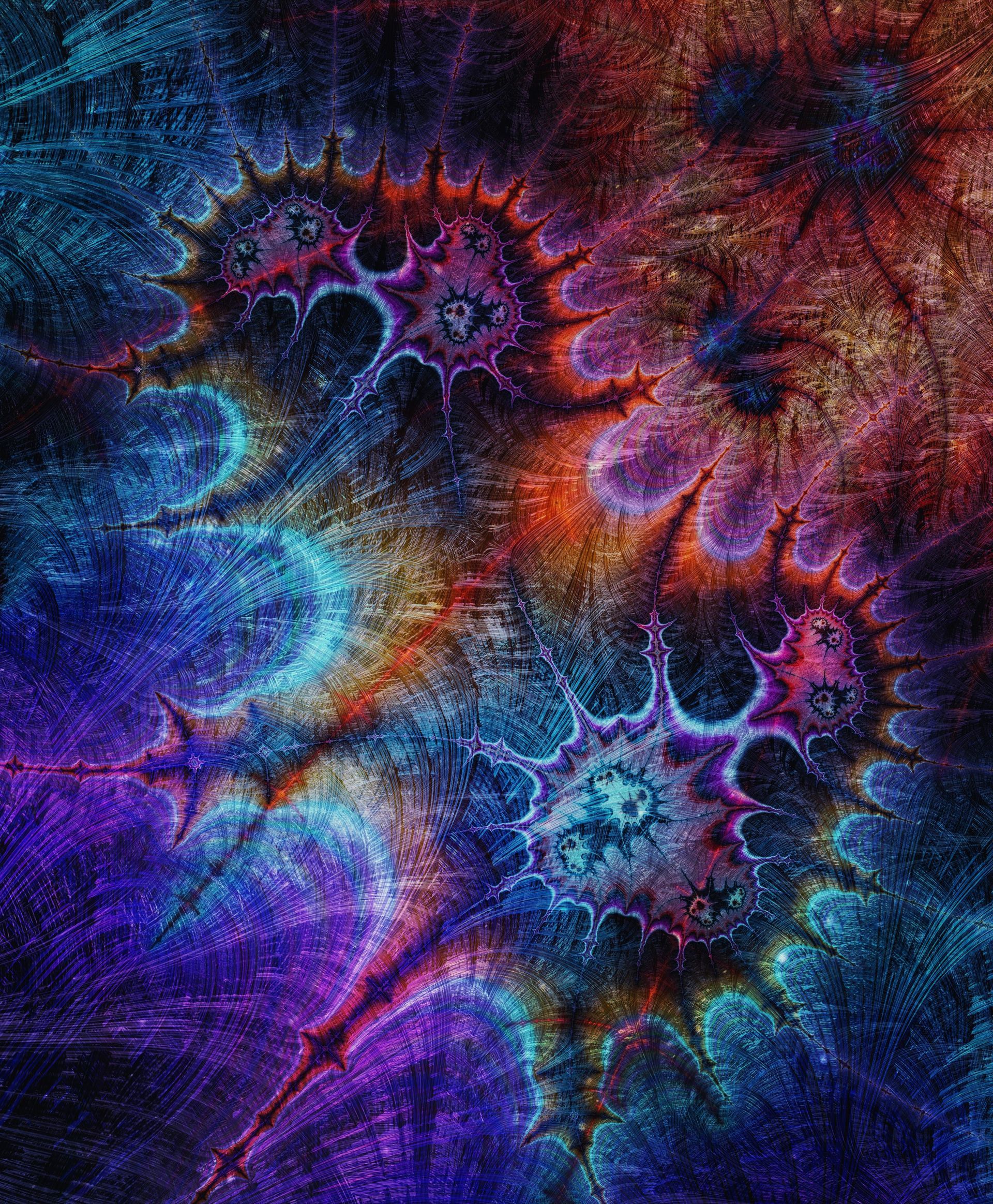 Un vibrante patrón fractal abstracto con formas en espiral en tonos azul oscuro, púrpura y naranja intenso.