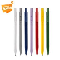 Una fila de siete bolígrafos de varios colores sólidos, entre ellos blanco, gris, azul, morado, rojo, amarillo y verde, con la etiqueta 