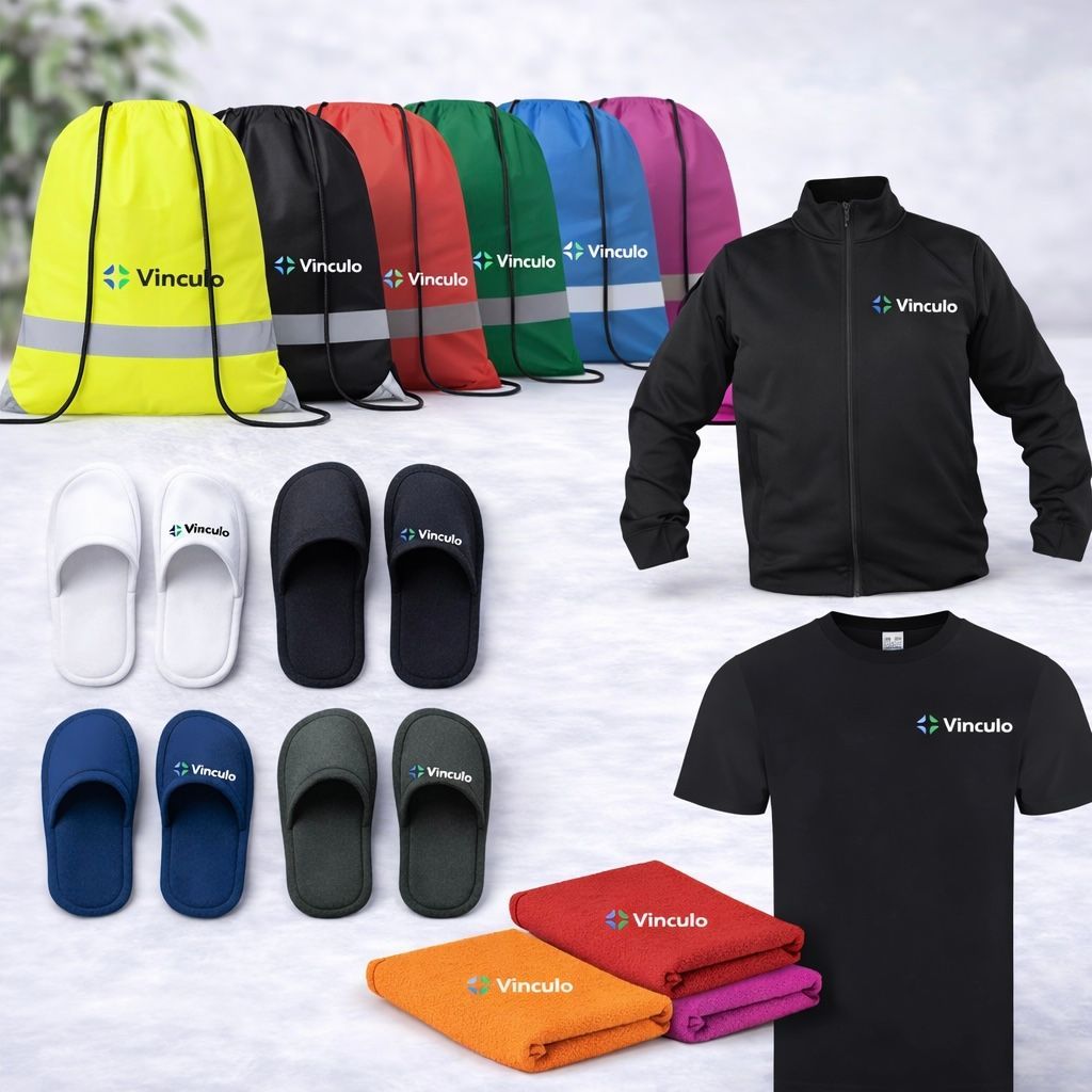 Artículos promocionales variados con el logotipo de Vinculo: mochilas, zapatillas, toallas, una chaqueta negra y una camiseta.