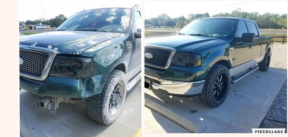 Before and After Damage of the Green Pick-Up Truck - Port Barre, LA - J & K Collision Center