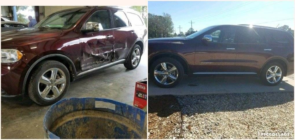 A Before and After of the Maroon Door Car Been Damage - Port Barre, LA - J & K Collision Center 