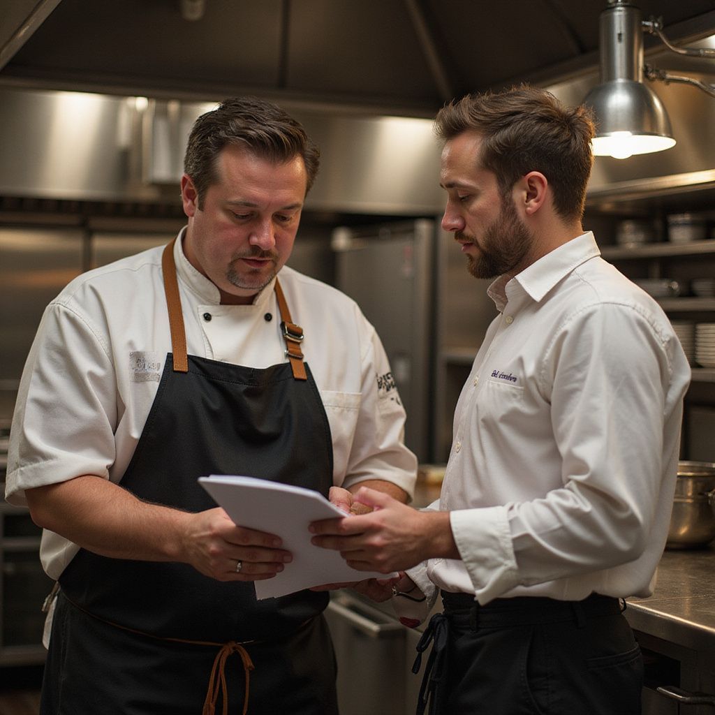 Woman in a black apron smiles, putting baked goods in a paper bag at a bakery counter; another person in background.