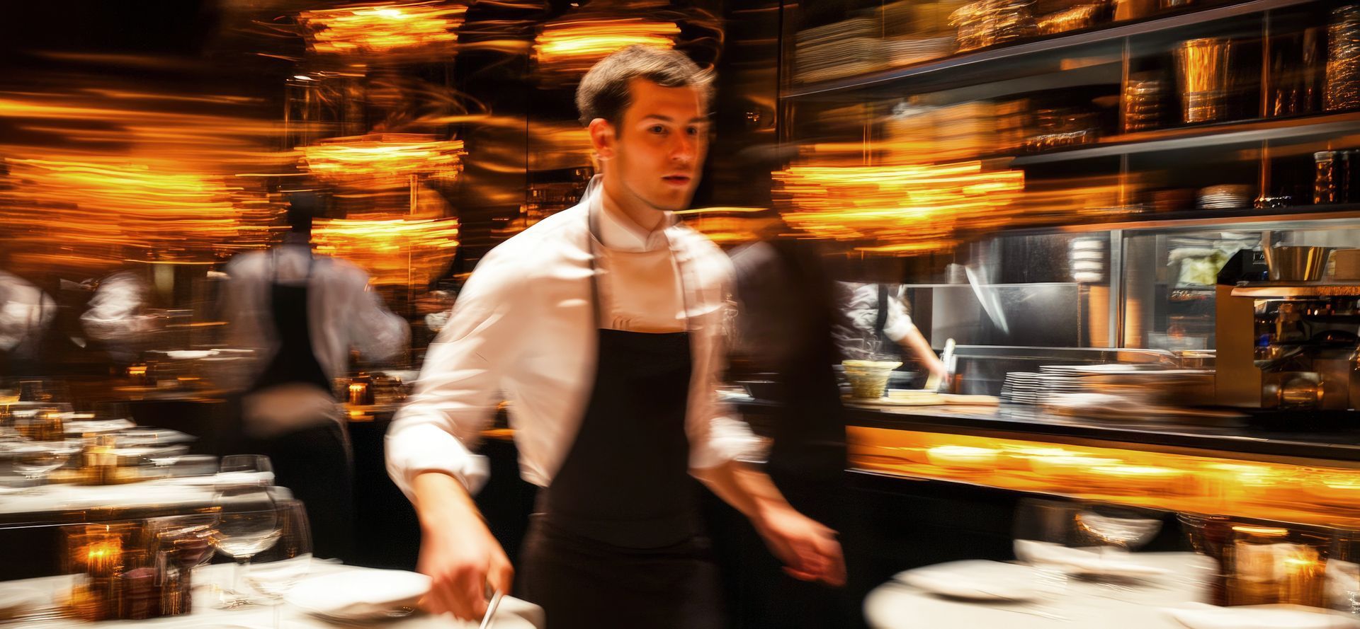 A chef in a white shirt and black apron walks in a busy restaurant kitchen.