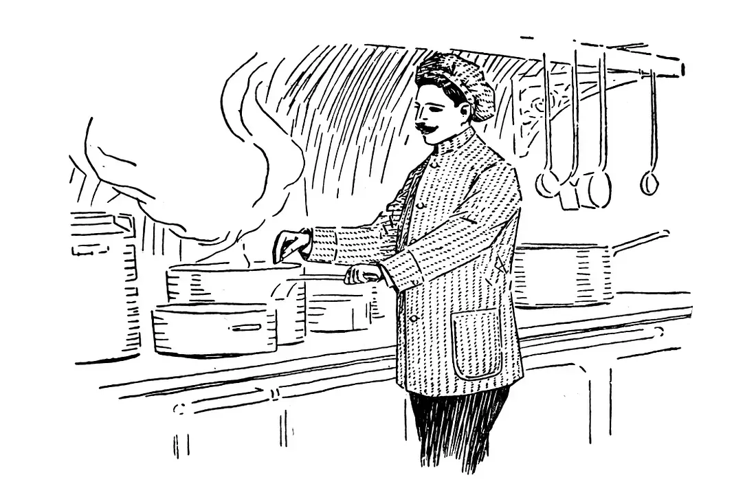 A person in a kitchen stirring a pot, steam rising. Pots and utensils are visible.