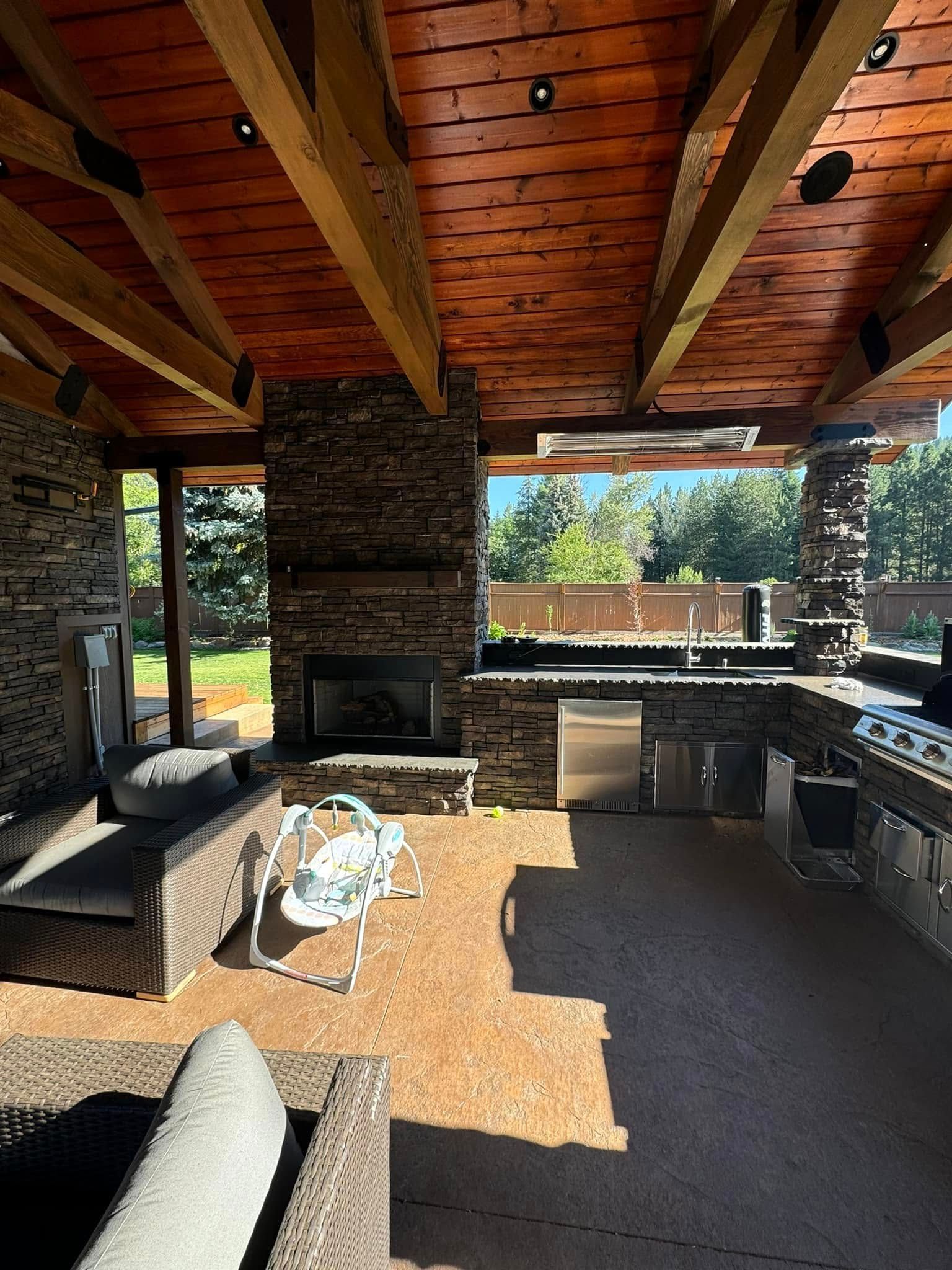 There is a fireplace in the middle of the room.