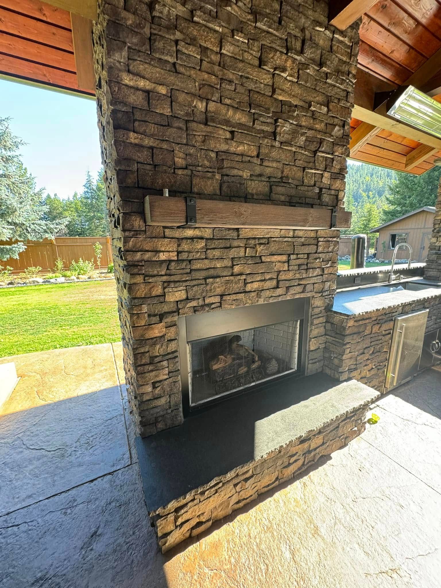 There is a fireplace in the middle of the room.