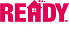 Bright pink READY logo with a house-shaped letter A and small rooftop dots on white background