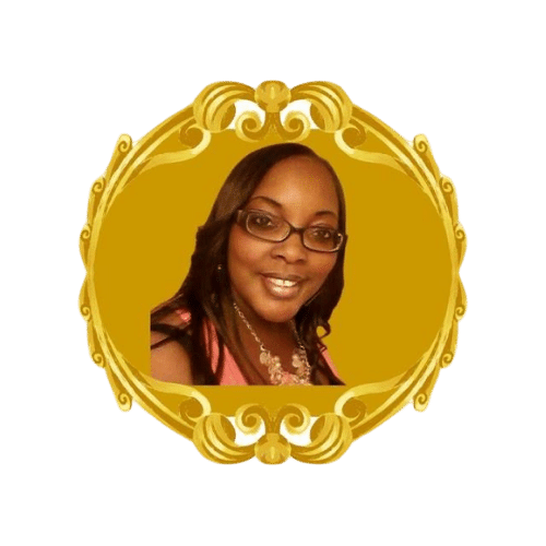 a woman wearing glasses is in a gold frame