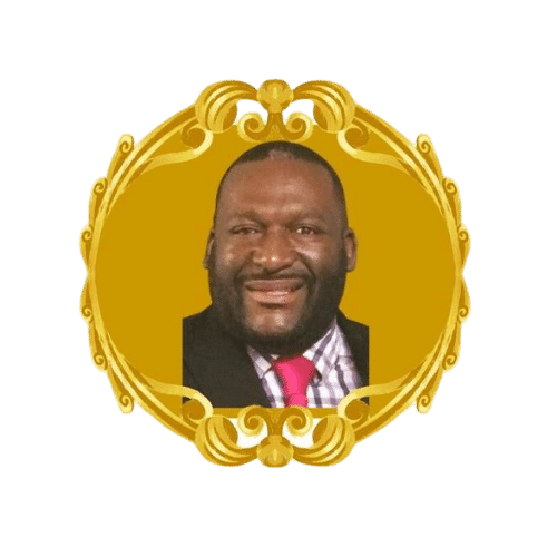 a man in a suit and tie is smiling in a gold frame