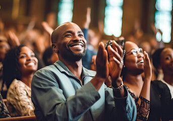 A group of people are sitting in a church clapping their hands.