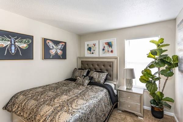 Bedroom with a bed, art, nightstand, and potted plant by a window. Neutral walls, dark bedding.