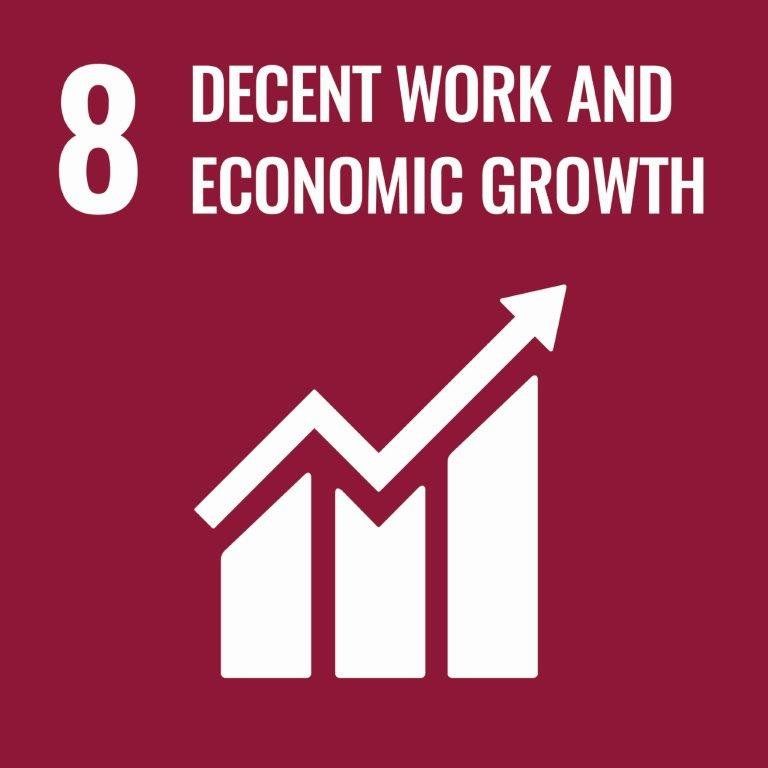 A red sign that says 8 decent work and economic growth