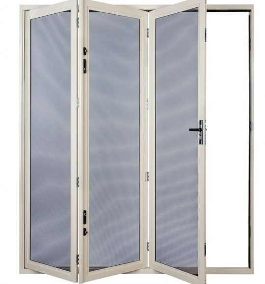 A Folding Screen Door With a White Frame on a White Background — Budget Screens & Awnings in South Lismore, NSW