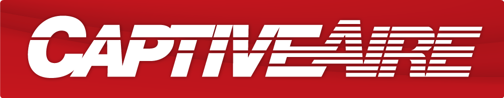 CaptiveAire logo on a red background. White text with horizontal lines on the