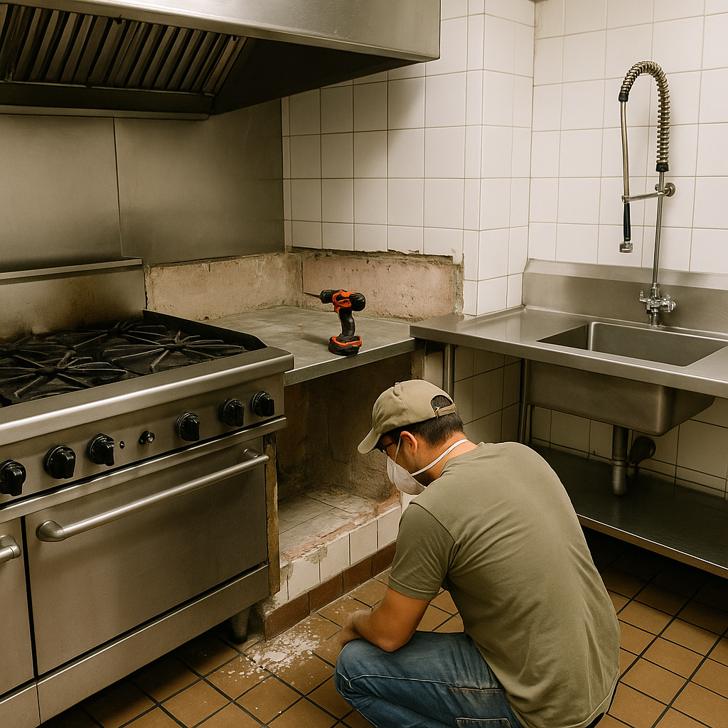 Person kneels in a commercial kitchen with a drill. Exposed wall, stainless steel appliances, and a range.