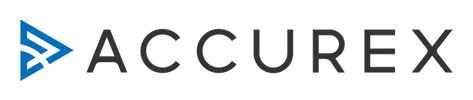 Accurex logo: blue angular shape, black text.