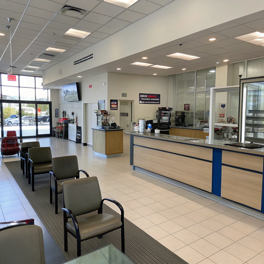 A bright and clean waiting area with rows of green chairs on a gray rug and a light wood reception counter. A snack and coffee station is in view.