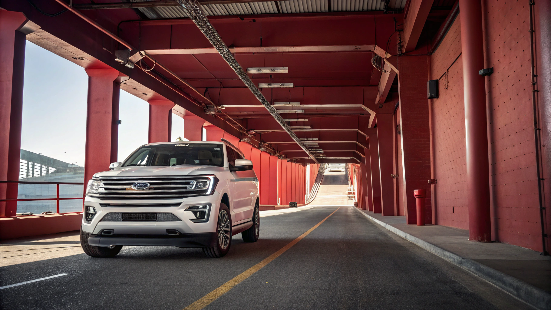 A white Ford SUV is parked on an empty road under a large, red steel bridge.