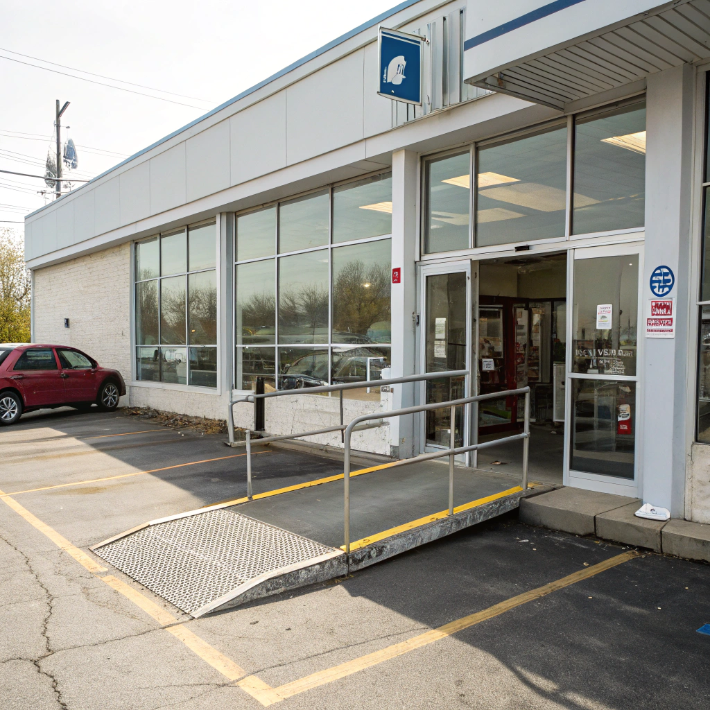 Entrance to a building with large windows, featuring a wheelchair-accessible ramp. A red car is parked nearby. The scene is bright and clear.