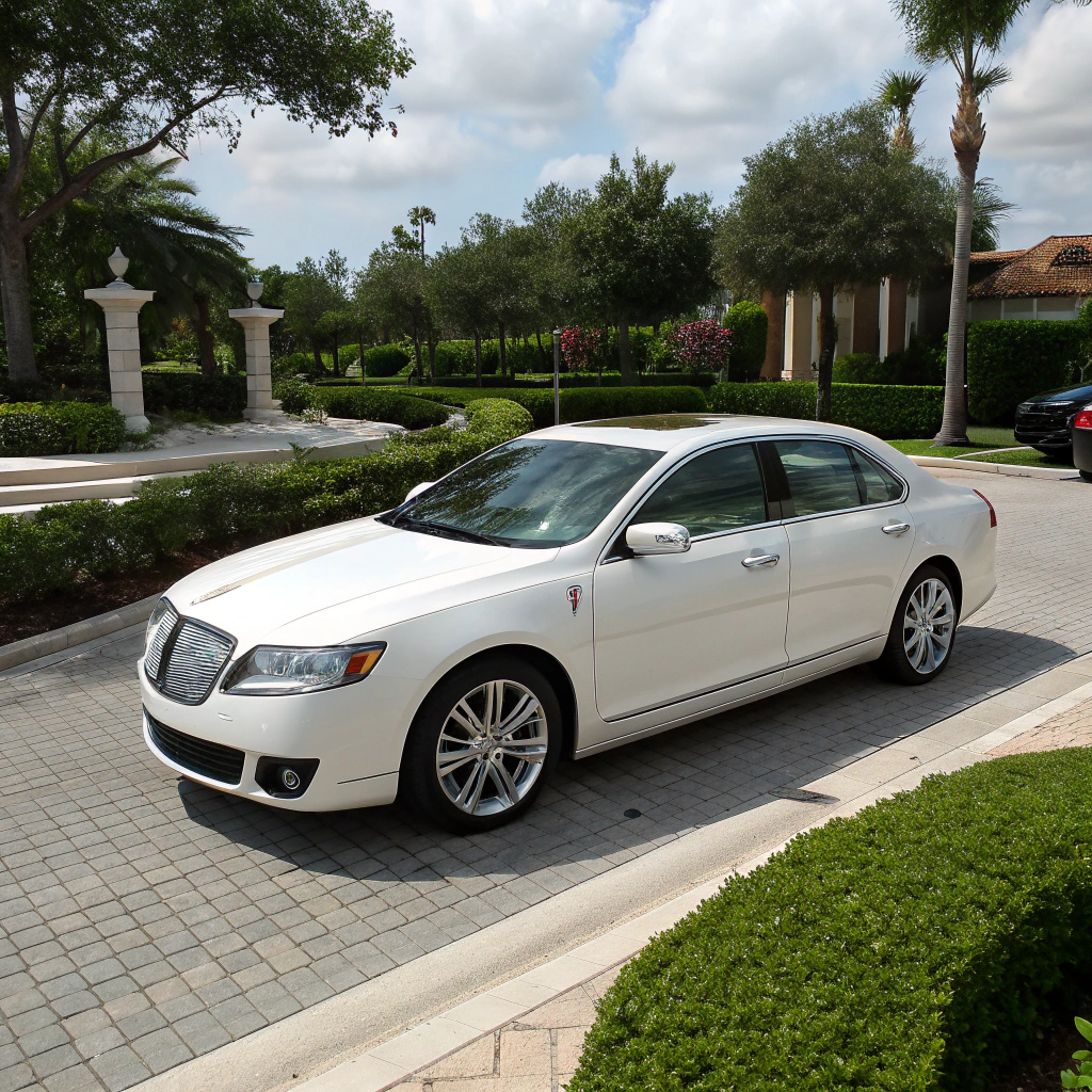 A sleek white luxury sedan is parked on a sunlit, paved driveway.