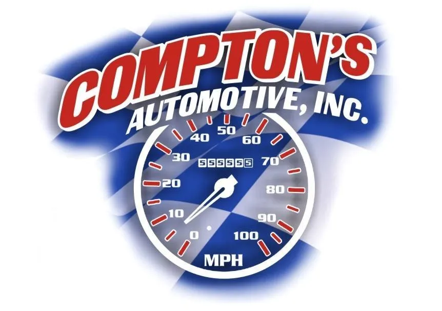 Logo for Compton's Automotive, Inc. with a speedometer graphic on a checkered background.