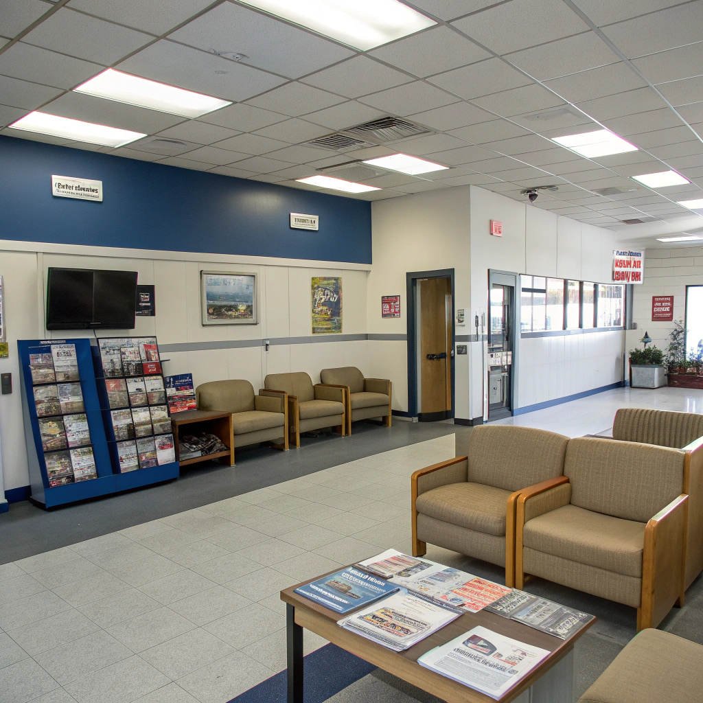 A bright waiting room with beige chairs, a rack of magazines, a wall-mounted TV, and signs. The atmosphere is clean and organized, with natural light.
