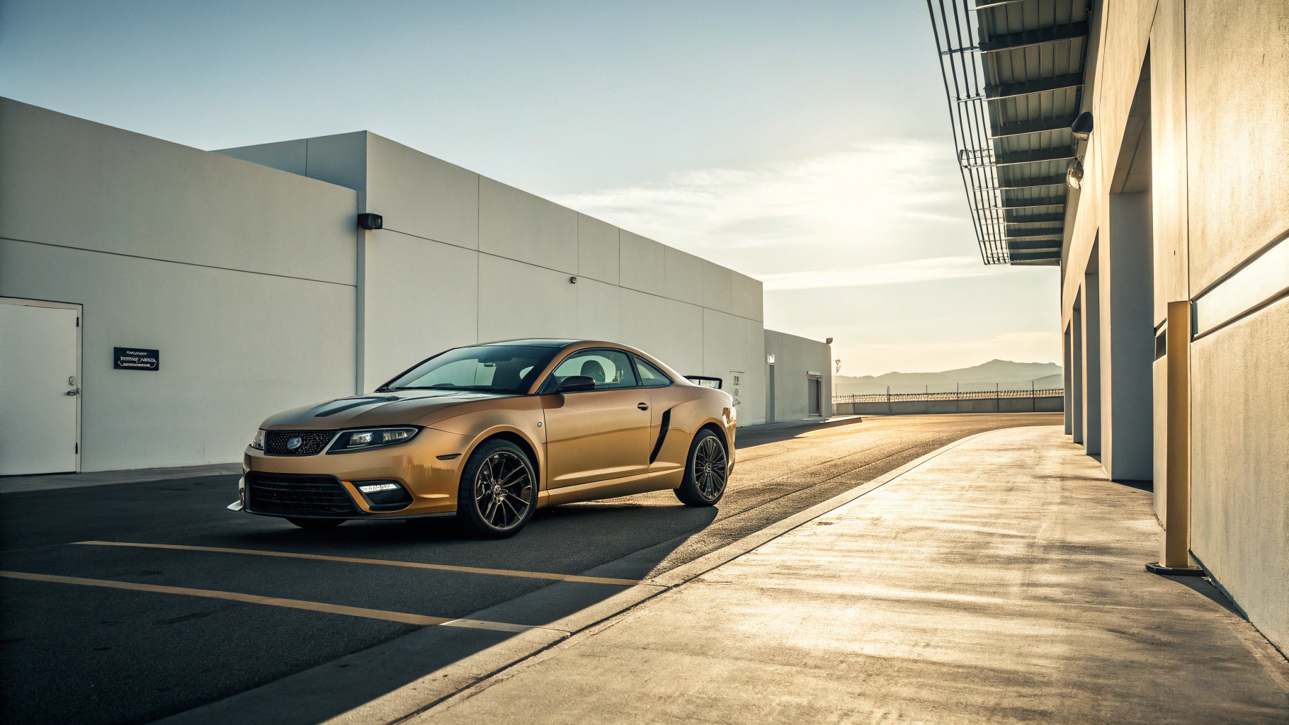 A sleek, gold sports car is parked on a sunlit driveway between modern, white buildings.