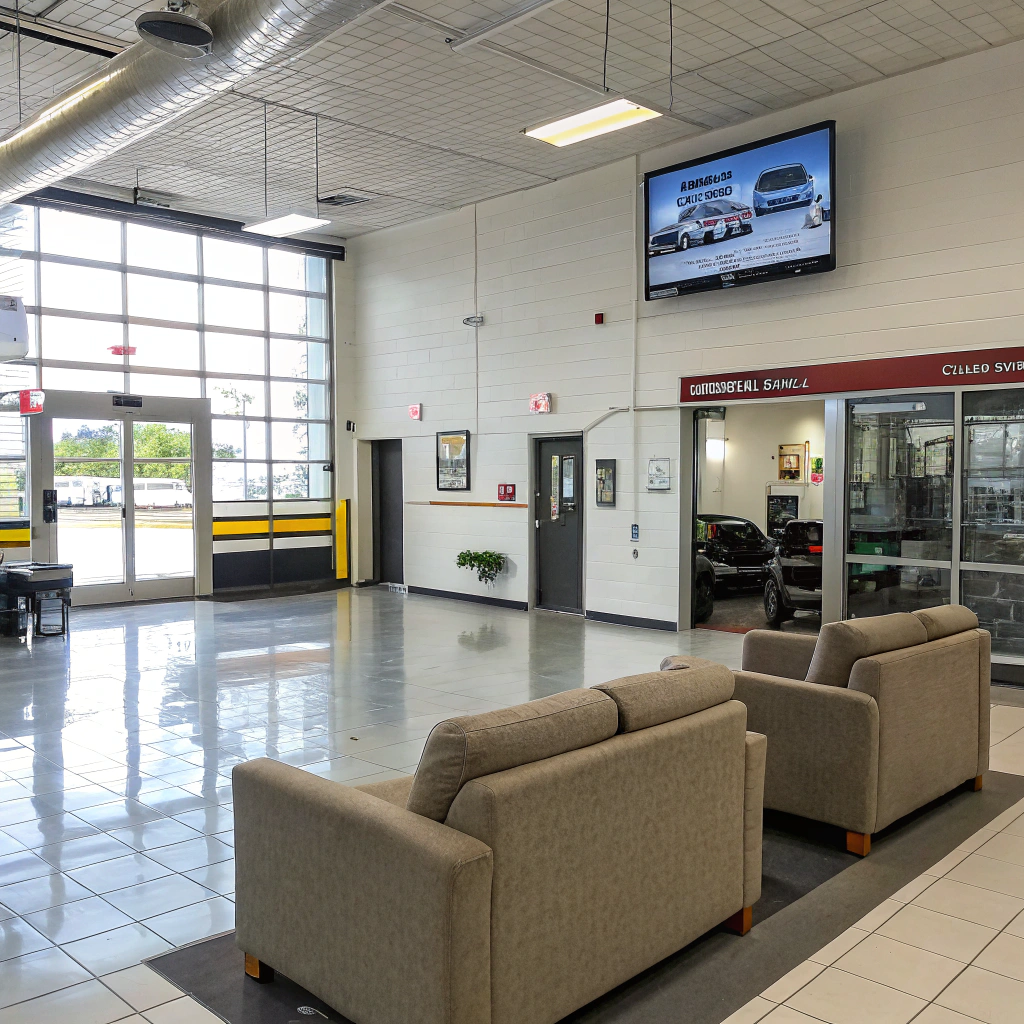 Spacious auto service lobby with gray sofas, large windows, and a visible garage area. A wall-mounted TV displays a car advertisement, creating a modern, inviting atmosphere.