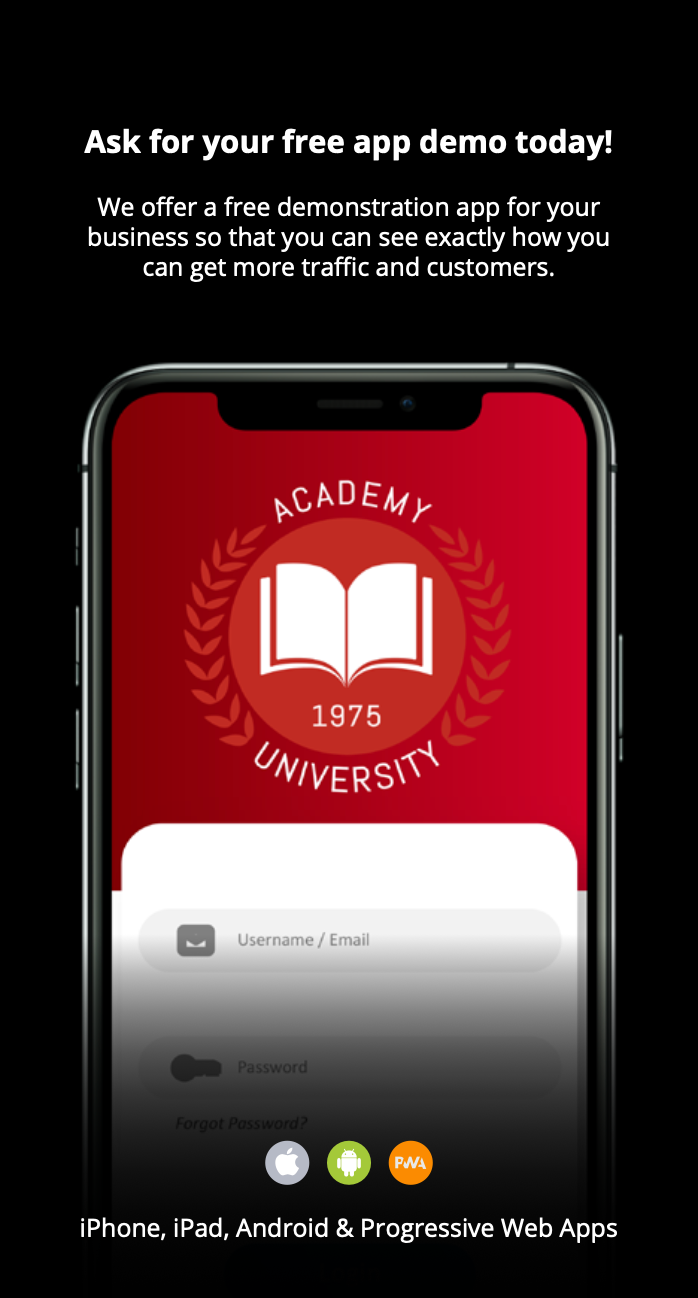 The academy university app is being displayed on a cell phone.