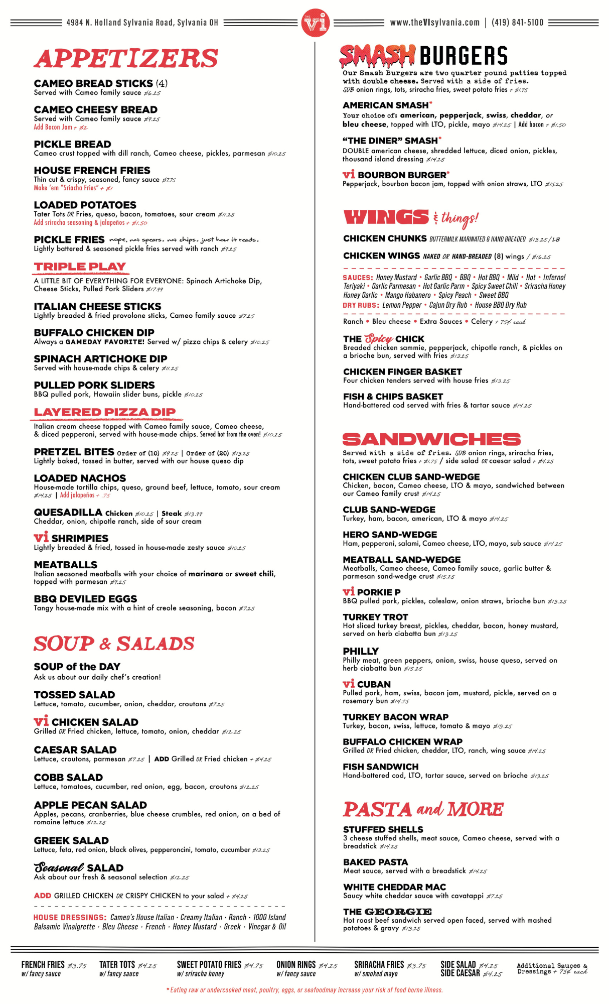 The Village Inn Sylvania - Menu Side 1
