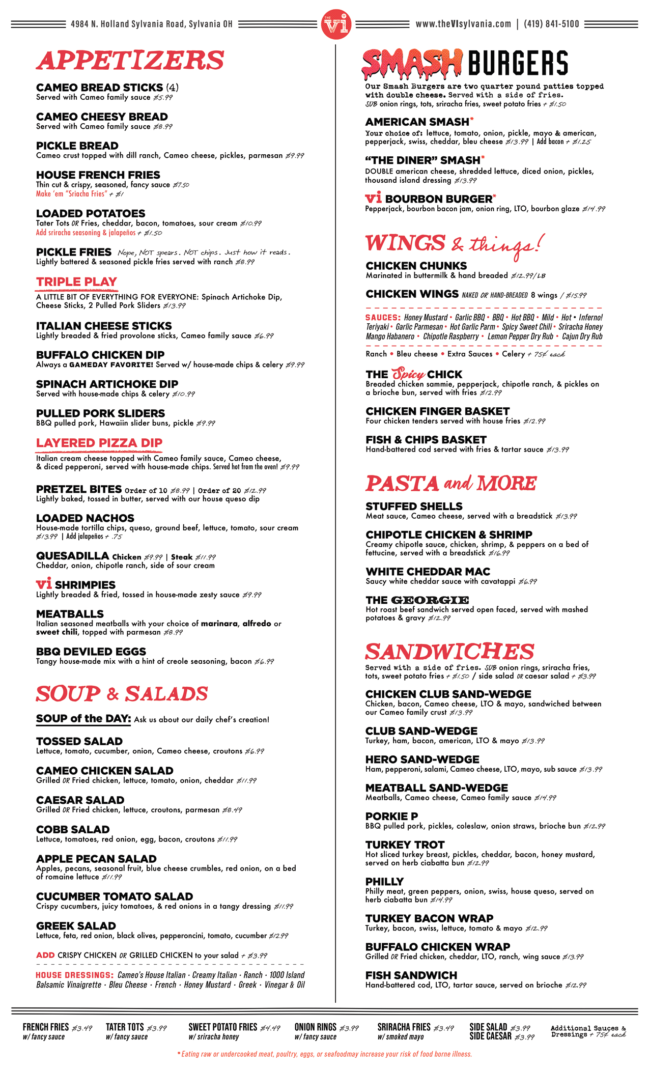 The Village Inn Sylvania - Menu Side 1