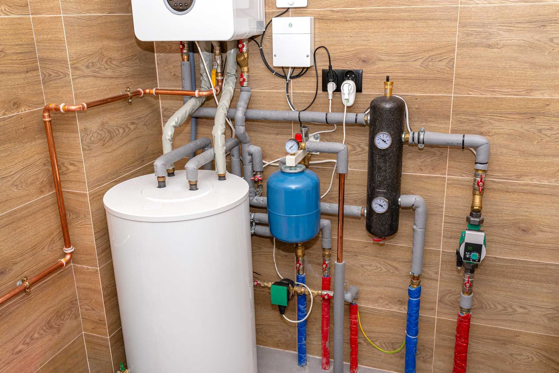 Water heater and related plumbing in a tiled room, with copper and plastic pipes, a blue tank, and various gauges.