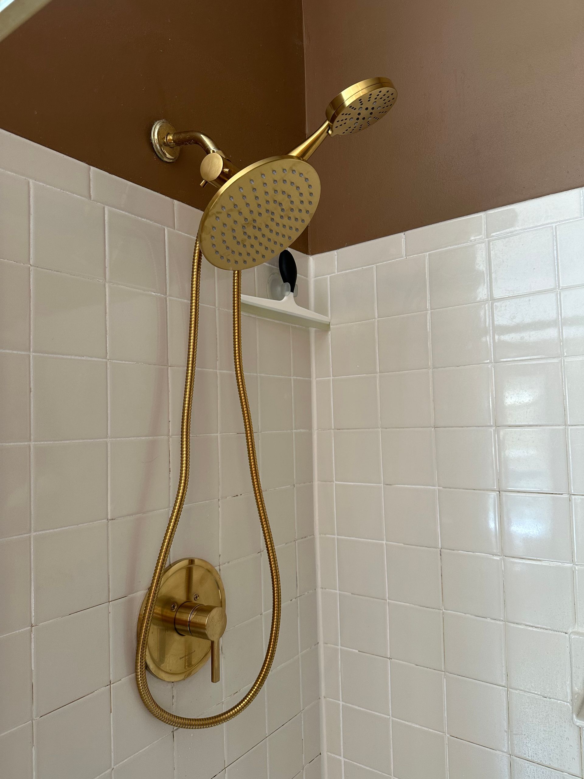 White toilet in a bathroom with gray walls and wood-look tile flooring. Black toilet paper holder on the wall.