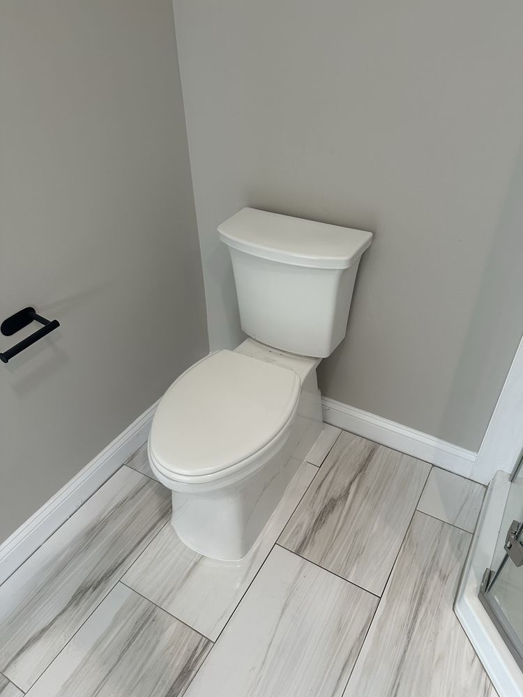 White toilet in a bathroom with gray walls and wood-look tile flooring. Black toilet paper holder on the wall.