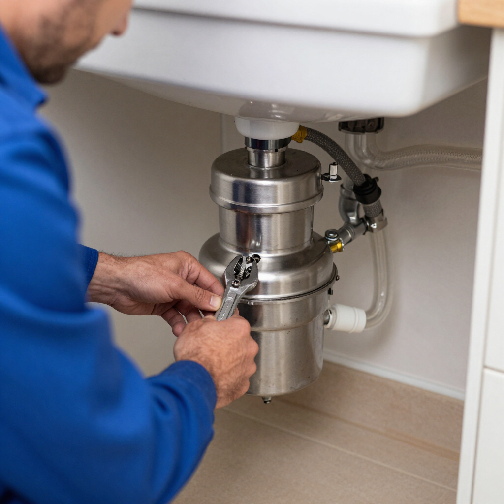 Plumber tightening pipes under a sink with a wrench in a kitchen cabinet