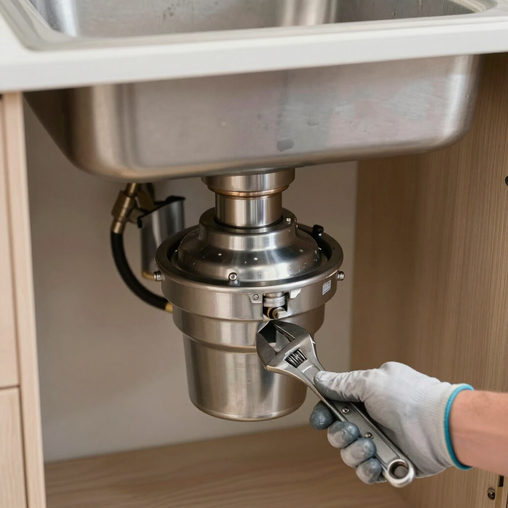 Person in gloves cleaning a stainless steel sink drain under a counter.