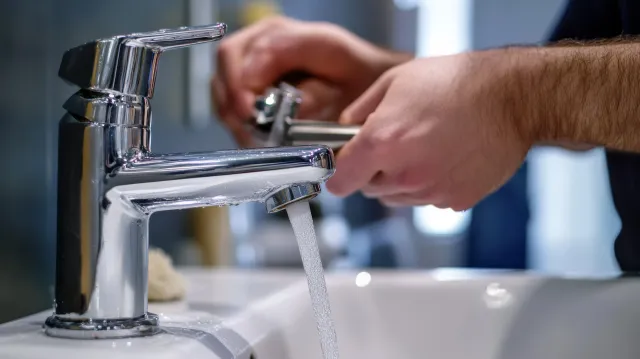 Hands washing under a chrome faucet in a bathroom sink