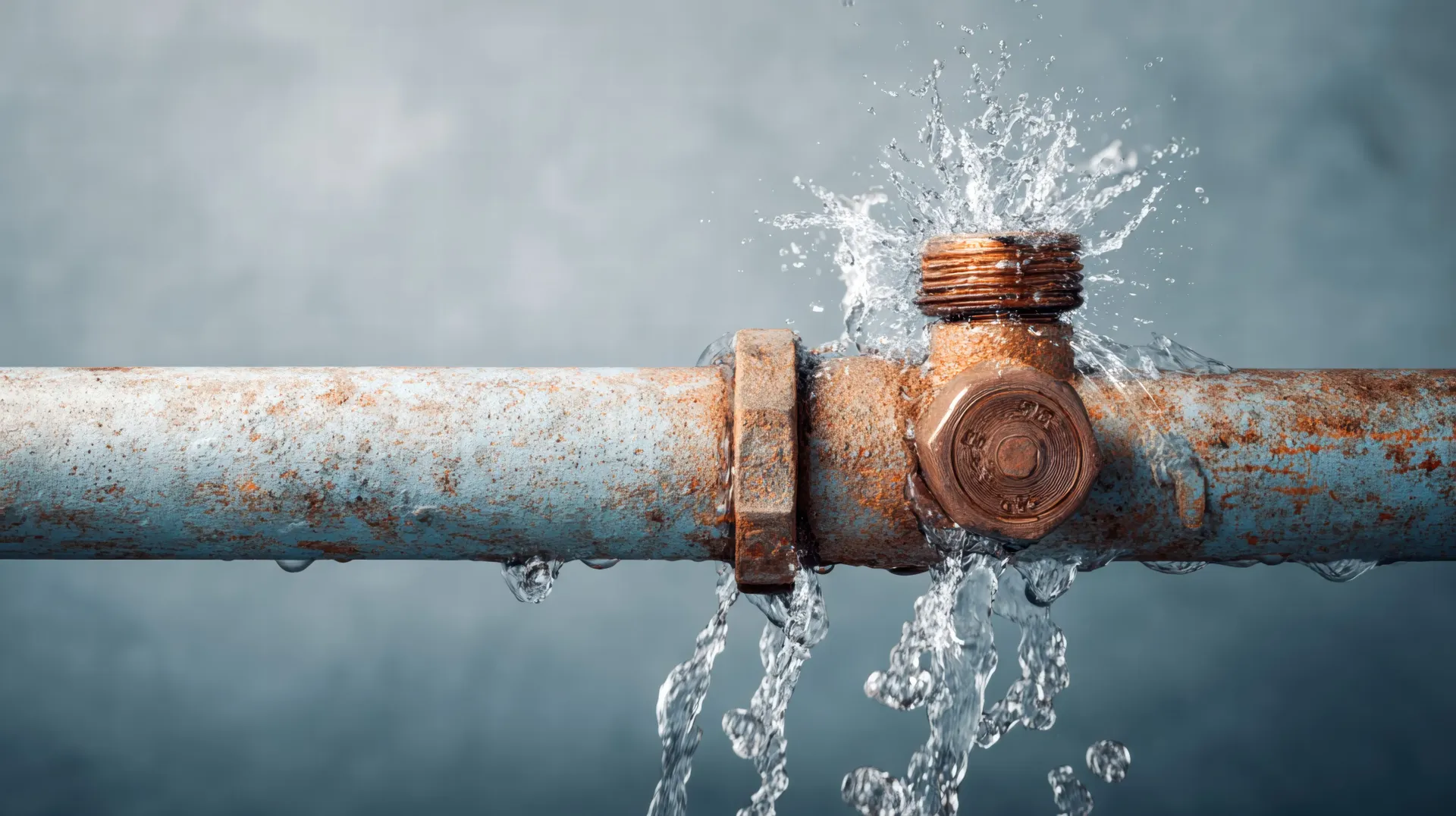 Rusty leaking pipe with water spraying from a joint against a gray background