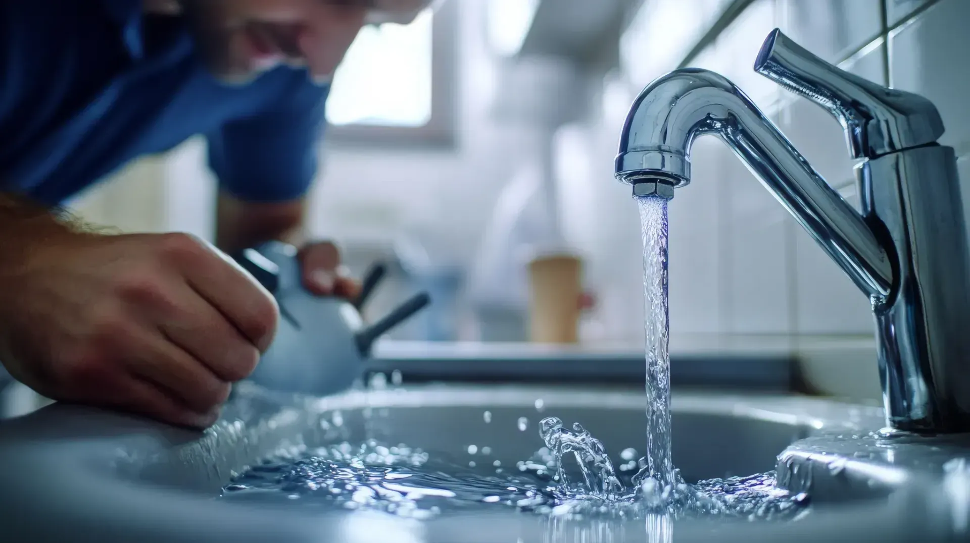 Person washing dishes in a kitchen sink under running water