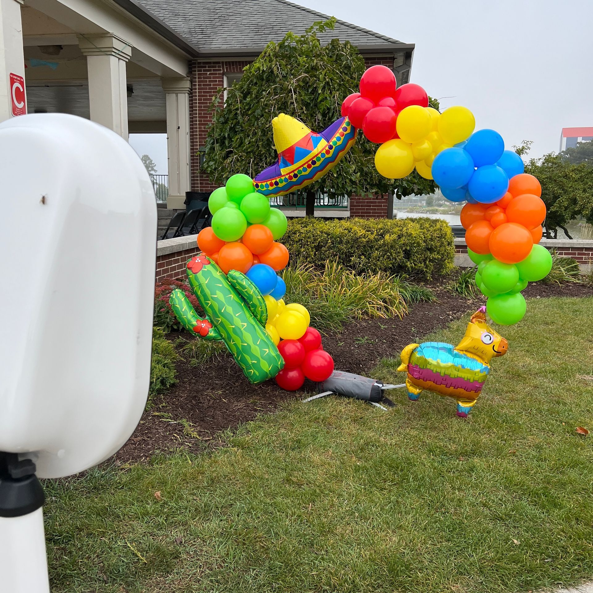 A bunch of balloons are sitting in the grass in front of a building.