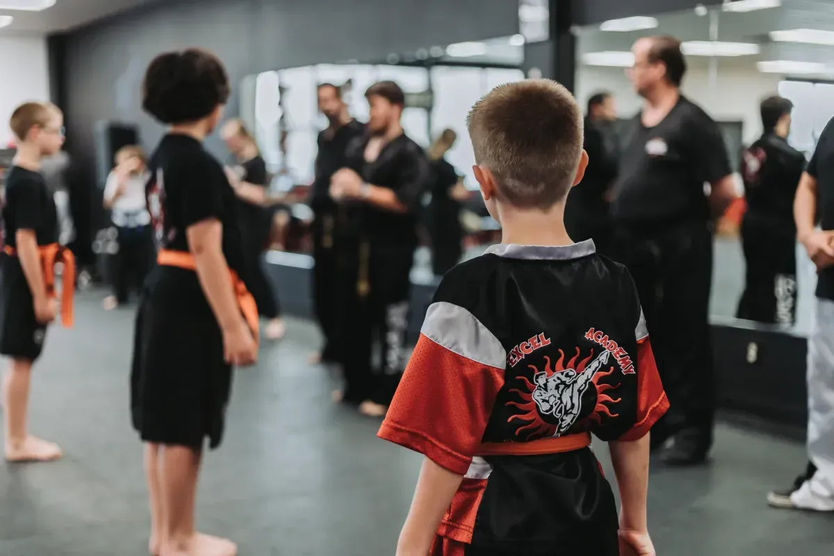 A group of young boys are standing in a karate class.