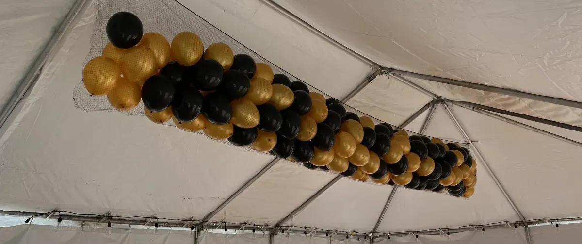 A bunch of black and gold balloons are hanging from the ceiling of a tent.