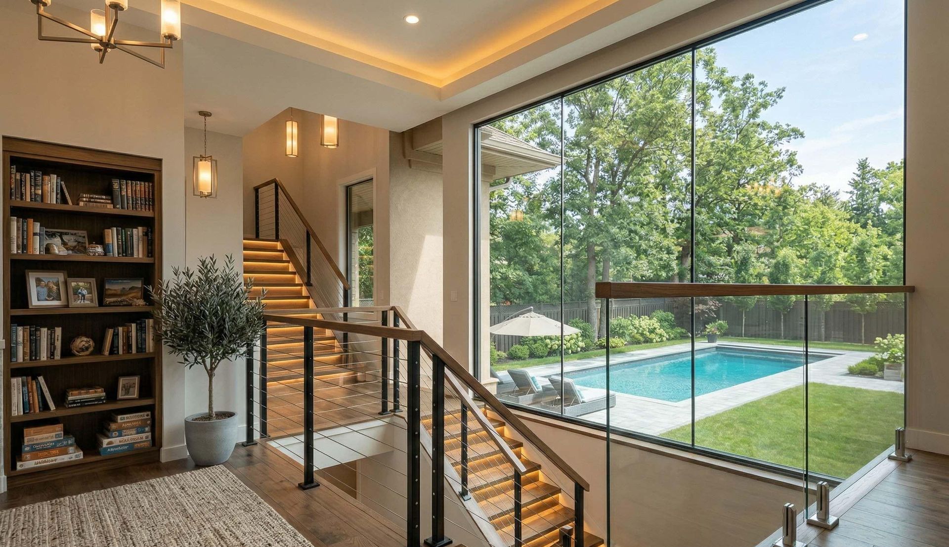 cable and glass railings inside luxury house by pool